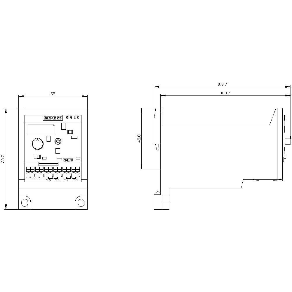 Rysunek techniczny urządzenia elektronicznego o wymiarach: szerokość 55 mm, wysokość 82,7 mm, głębokość 108,7 mm.
