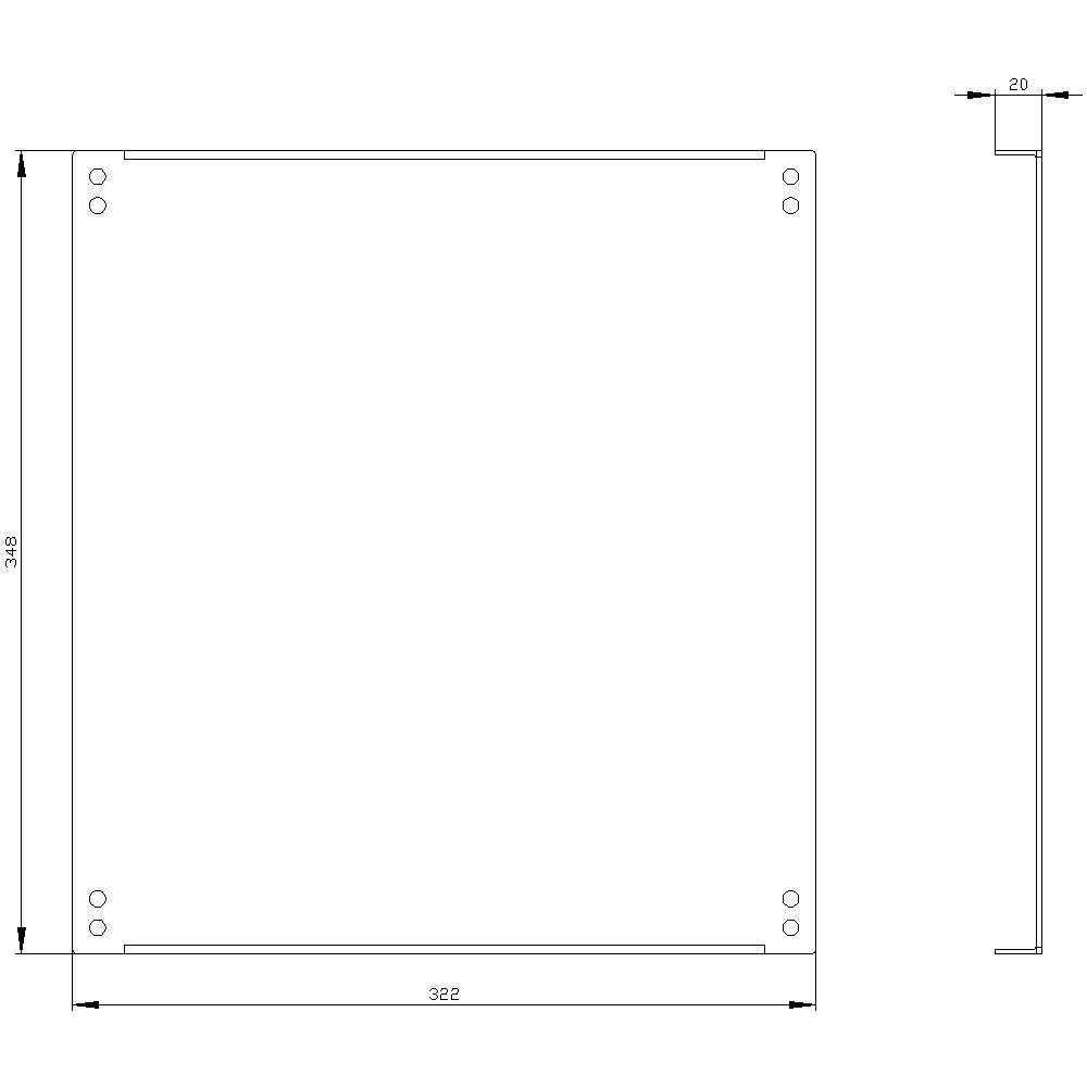 Rysunek techniczny prostokątnego obiektu z czterema otworami w narożnikach. Widok z przodu przedstawia wymiary: 326 x 322 mm. Widok z boku pokazuje głębokość 20 mm.