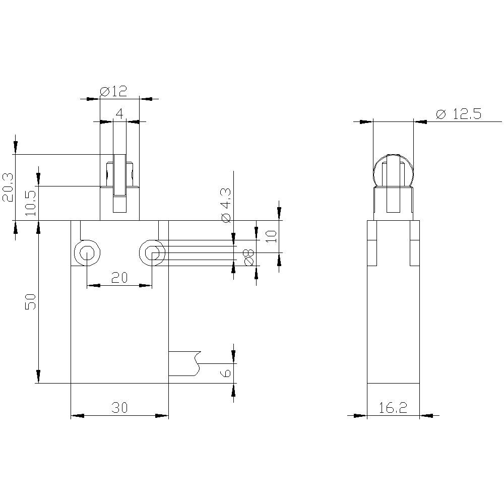 Rysunek techniczny części maszyny z wymiarowaniem. Widok z przodu i z boku prezentuje różne średnice i odległości.