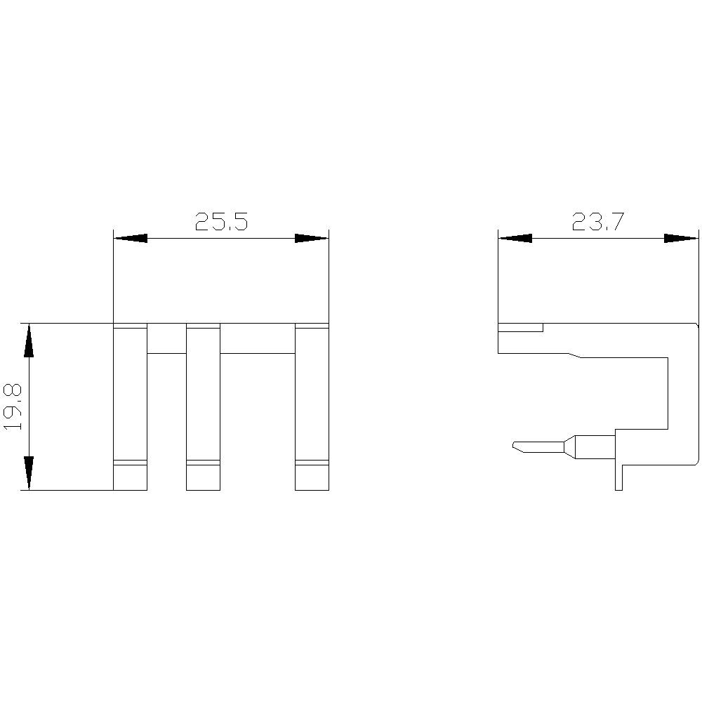 Rysunek techniczny elementu mechanicznego z wymiarami: szerokość 25,5 mm, głębokość 23,7 mm, wysokość 19,8 mm.