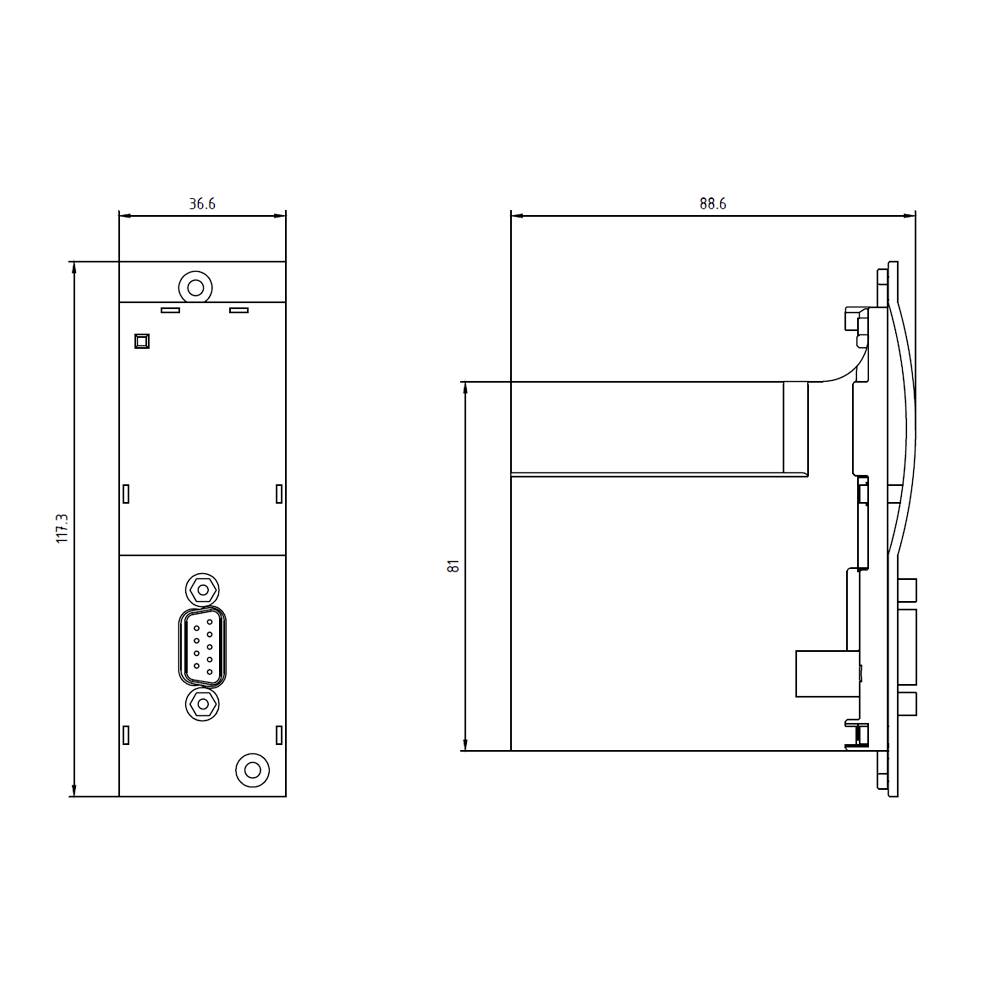 Rysunek techniczny prostokątnego urządzenia o wymiarach: 113 x 36,6 mm, widok z boku 88,6 x 61 mm, z przyłączem interfejsu.