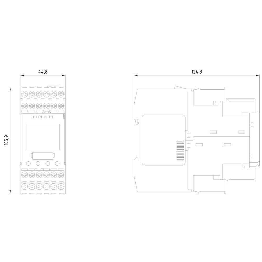 Rysunek techniczny urządzenia elektronicznego z wymiarami: wysokość 115,9 mm, szerokość 44,8 mm, głębokość 124,3 mm. Widok z przodu i z boku.
