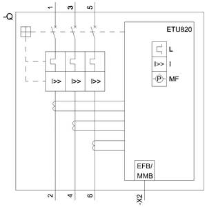 Schemat elektryczny elektronicznego wyzwalacza nadprądowego ETU820 z wskaźnikami L-, I- i MF. Przedstawia połączenia i przyłącza.