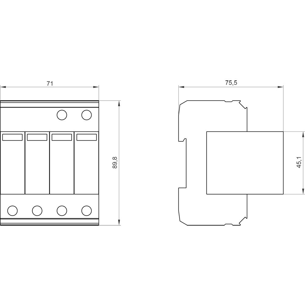 Rysunek techniczny elektronicznego przełącznika z wymiarami 71x98,8 mm z lewej strony oraz 75,5x45,1 mm z boku.