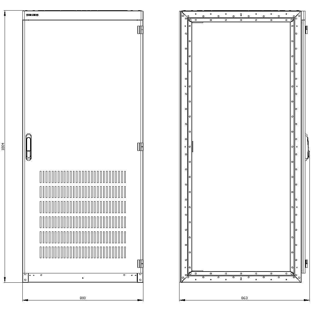 Rysunek techniczny szafy: widok z przodu lewej strony o szerokości 800 mm, z prawej strony o szerokości 863 mm, wysokość 2066 mm, drzwi z otworami wentylacyjnymi.