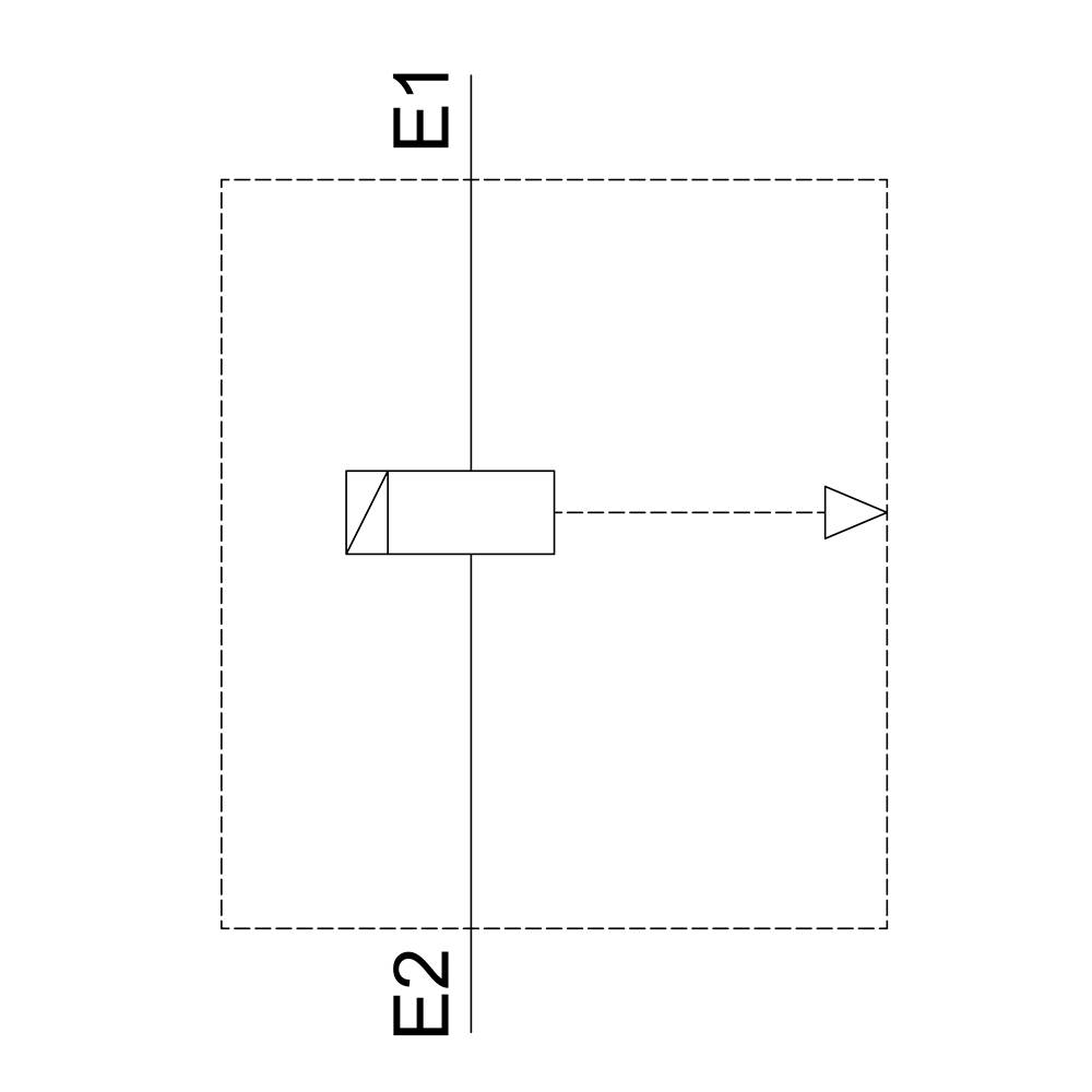 Schematyczny diagram przełącznika elektrycznego, przedstawiony jako prostokąt ze strzałką skierowaną w prawo. Oznaczony 'E1' i 'E2'.