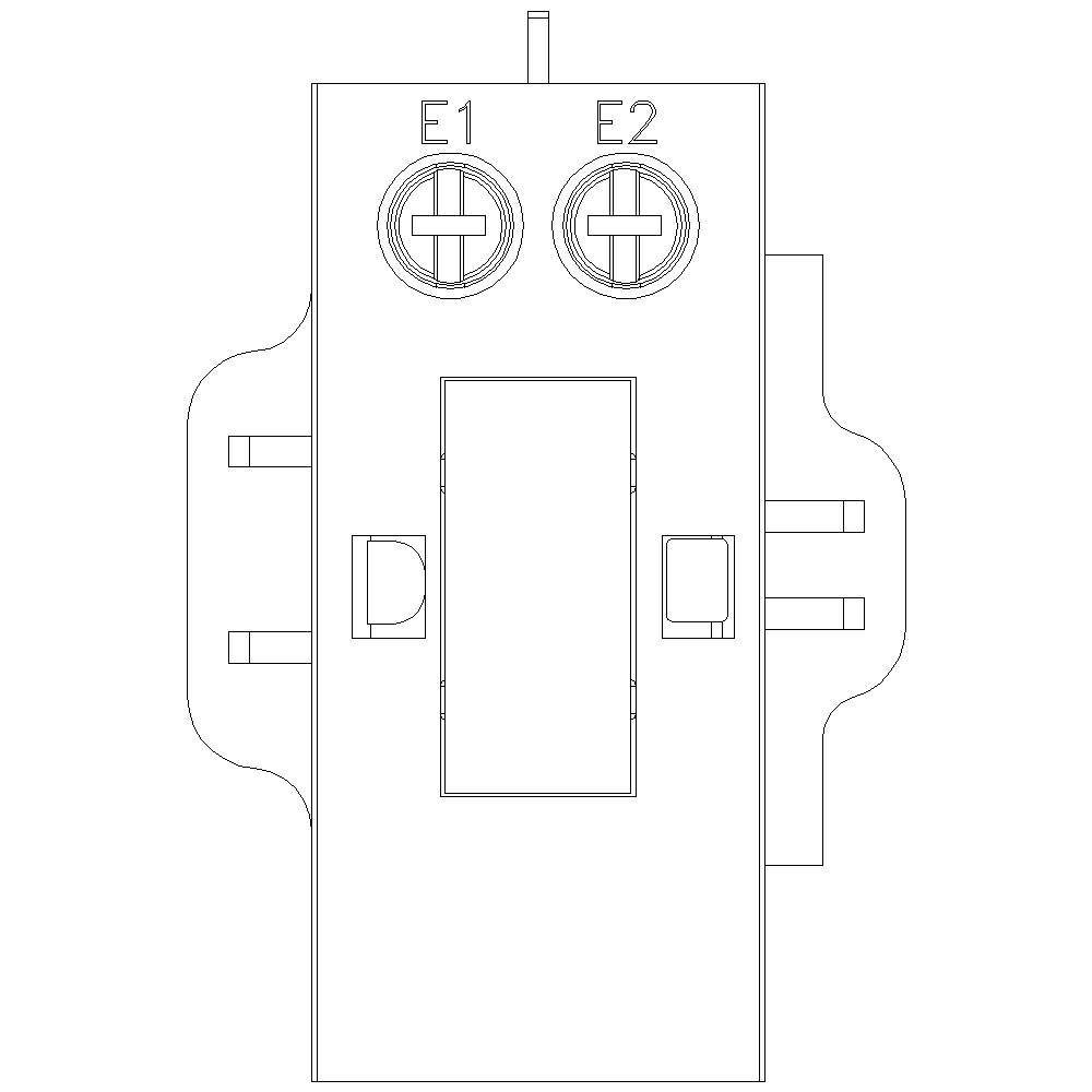 Schemat elektrycznego elementu z dwoma śrubami u góry, oznaczonymi jako 'E1' i 'E2', oraz centralnym prostokątnym przełącznikiem.