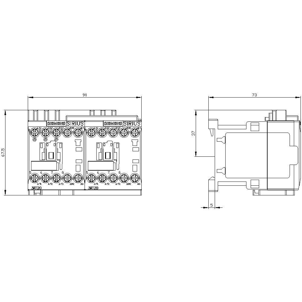 'Rysunek techniczny elektromagnetycznego przekaźnika z wymiarami: 90 mm szerokości, 67,5 mm wysokości. Widok z boku przedstawia 73 mm długości.'