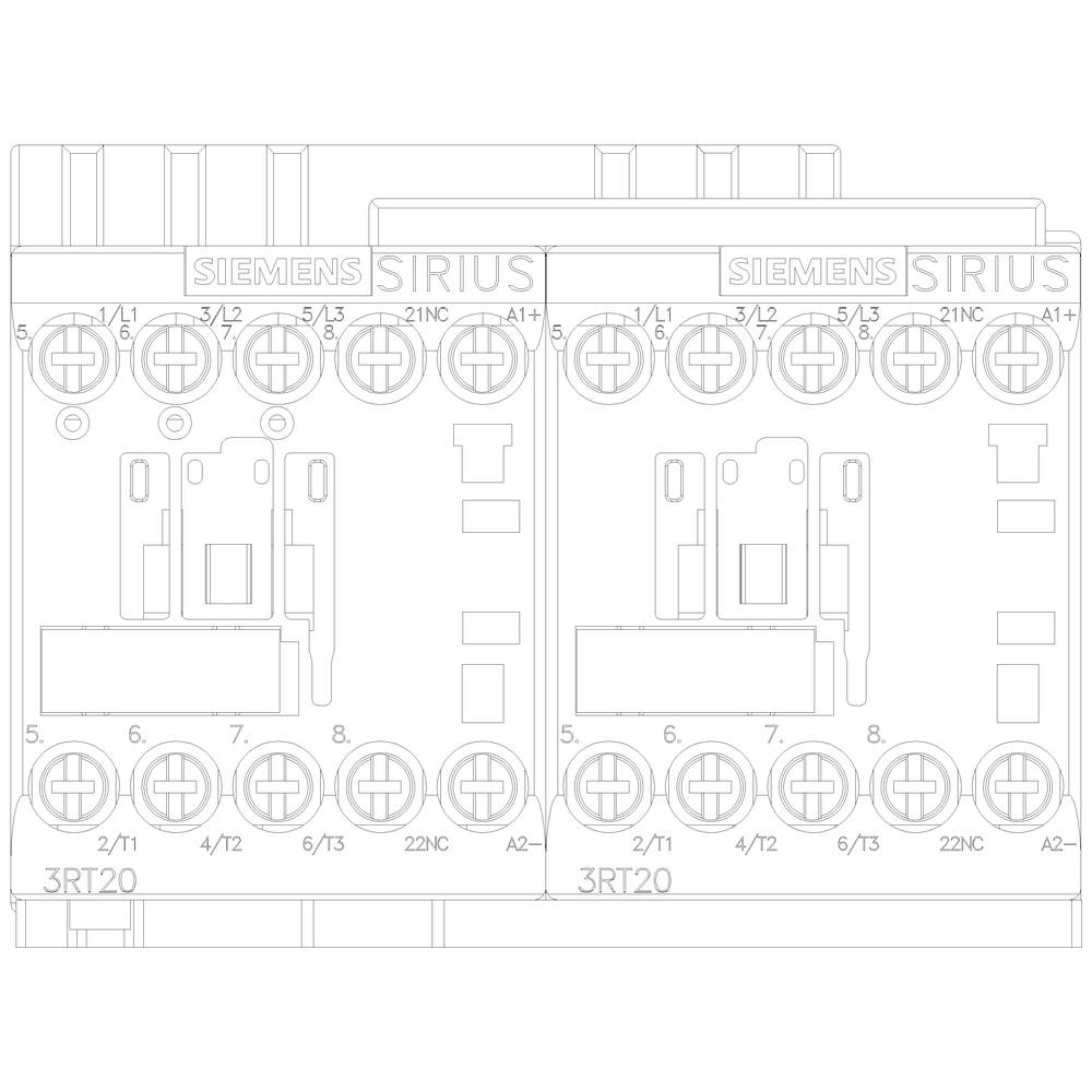Rysunek techniczny dwóch przekaźników Siemens SIRIUS 3RT20, z podłączeniami i obwodami elektrycznymi, szczegółowy widok z przodu.