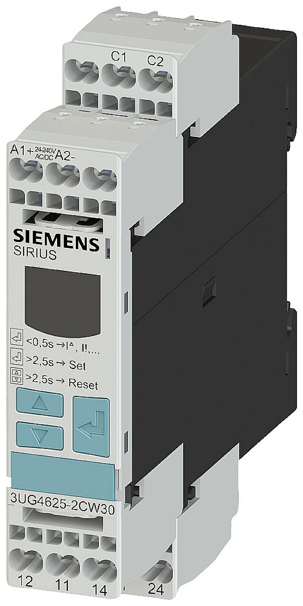 Przekaźnik nadzorczy Siemens SIRIUS, model 3UG4625-2CW30. Posiada przyciski i wskaźniki LED do ustawień i resetowania.
