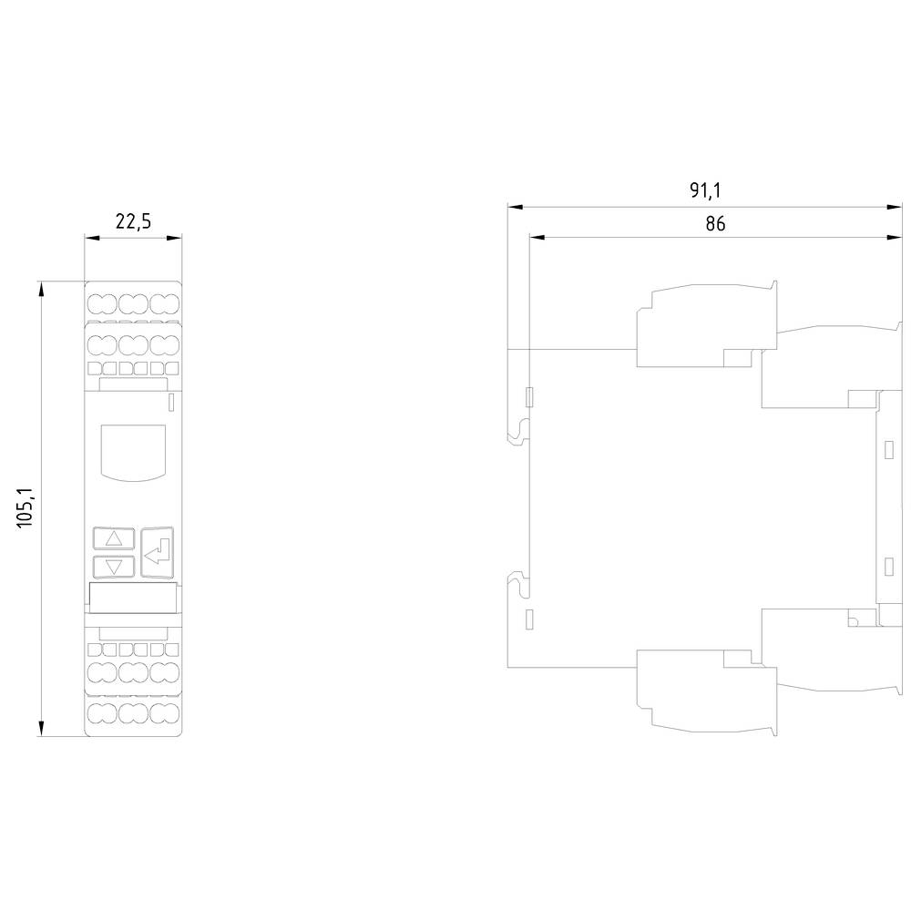 Rysunek techniczny prostokątnego elementu o wymiarach: wysokość 105,1 mm, szerokość 22,5 mm. Widok z góry przedstawia szerokość 91,1 mm.