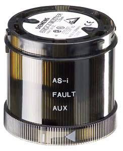 Cylindryczny element elektroniczny z oznaczeniami 'AS-i', 'FAULT' oraz 'AUX', a także symbolem strzałki.