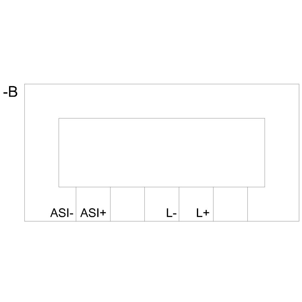 Diagram przedstawia prostokąt z czterema etykietami poniżej: 'ASI-', 'ASI+', 'L-', 'L+'. W lewym górnym rogu widnieje '-B'.