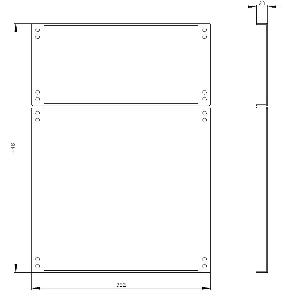 Rysunek techniczny prostokątnego elementu o wymiarach 322 mm szerokości, 448 mm wysokości i 20 mm głębokości, wraz z otworami montażowymi.