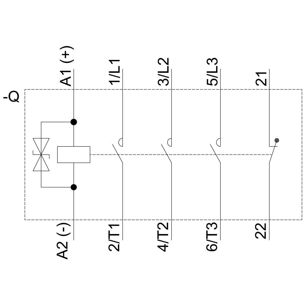 Schemat elektrycznego obwodu sterowania z przekaźnikiem. Opisany zaciskami A1 (+), A2 (-), 1/L1, 3/L2, 5/L3, 2/T1, 4/T2, 6/T3, 21, 22.