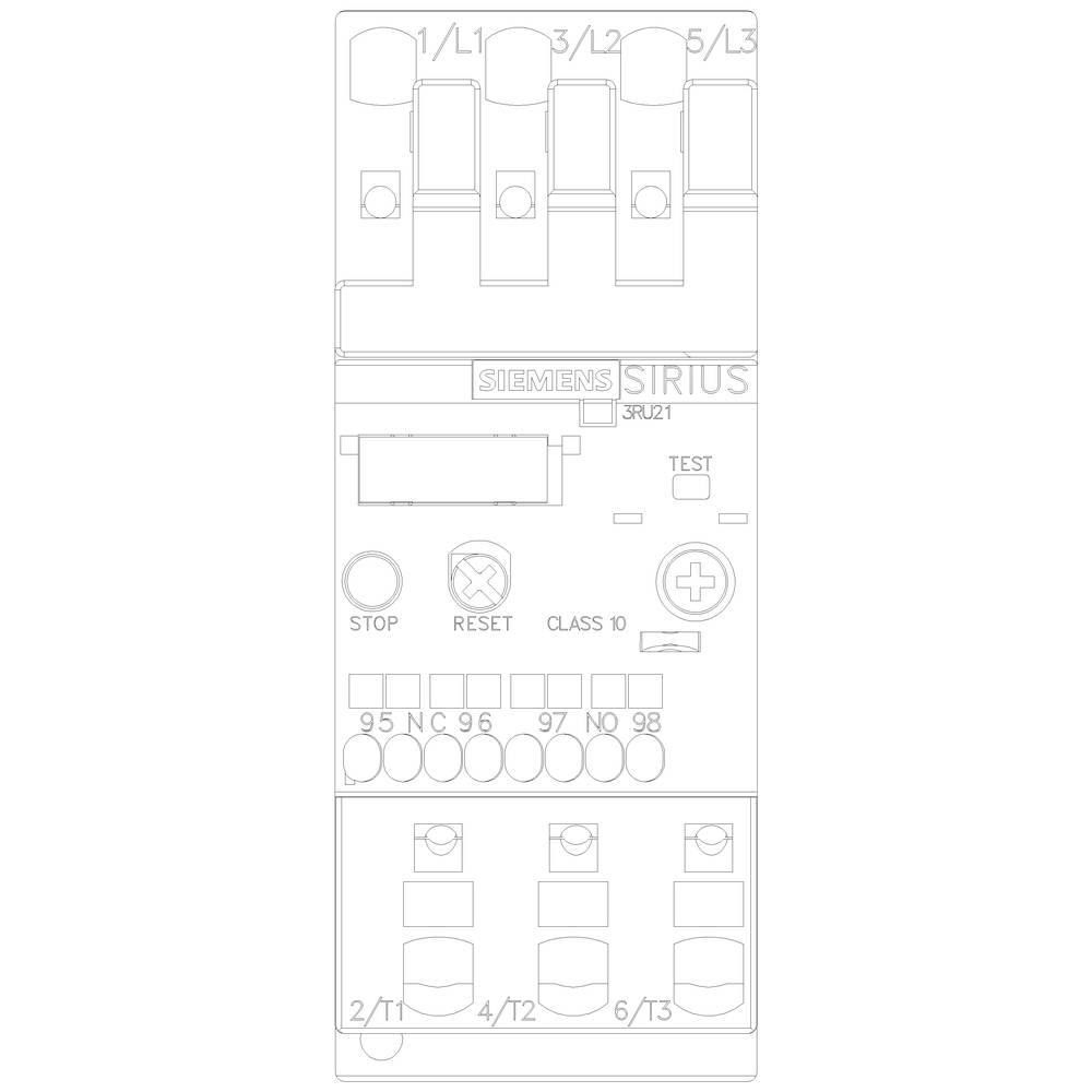 Przekaźnik zabezpieczenia silnika Siemens SIRIUS 3RU21 z przyciskami stop, resetowania i funkcją testową, wyposażony w liczne zaciski przyłączeniowe do połączeń elektrycznych.