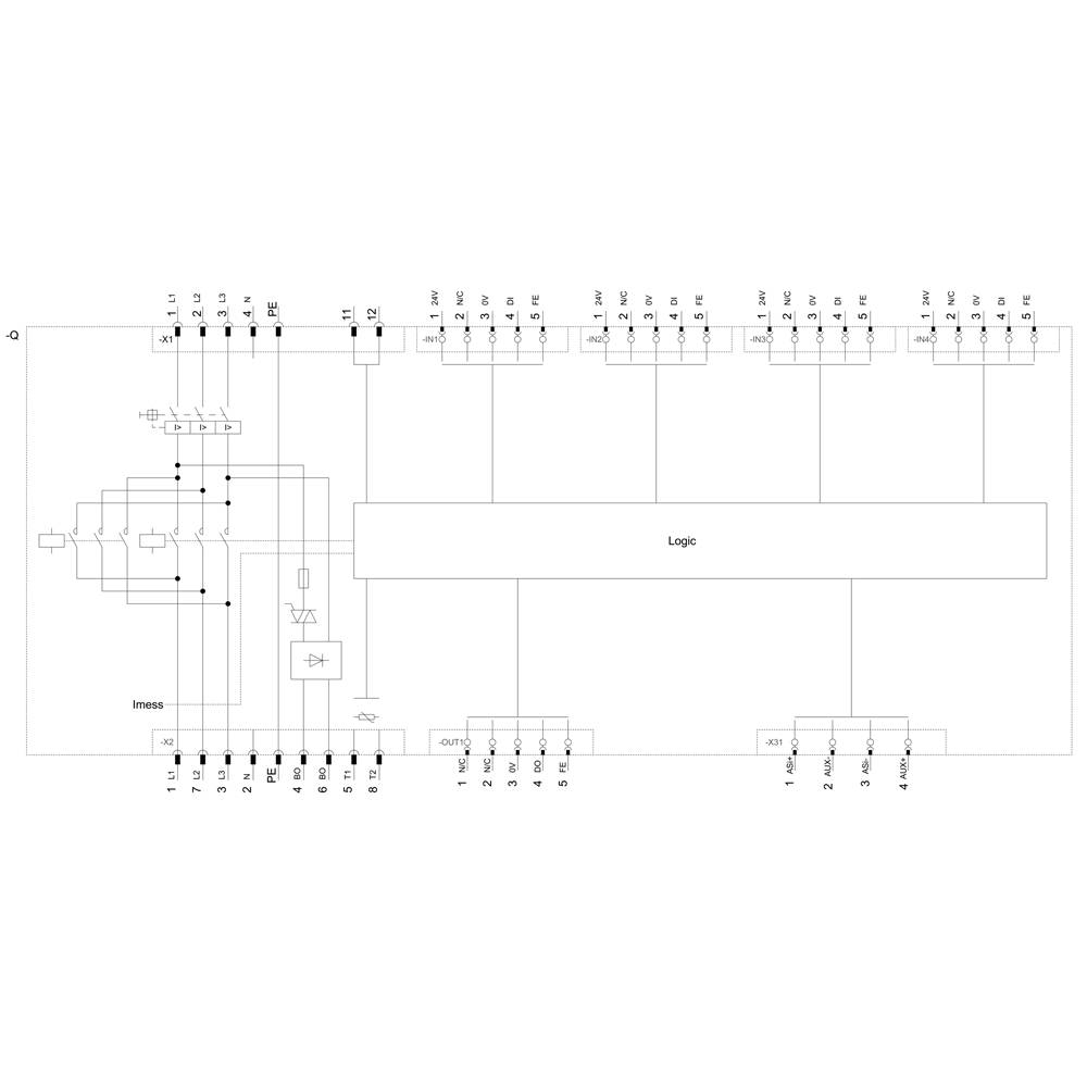 Schematyczny diagram elektrycznego obwodu wielowejściowego z obszarem logicznym i wyjściami. Komponenty są opisane etykietami.
