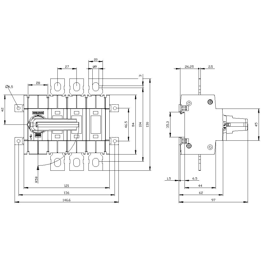 Rysunek techniczny elektrycznego przełącznika z wymiarami: szerokość 146,5 mm, wysokość 126 mm, głębokość 97 mm. Widok czołowy i boczny.