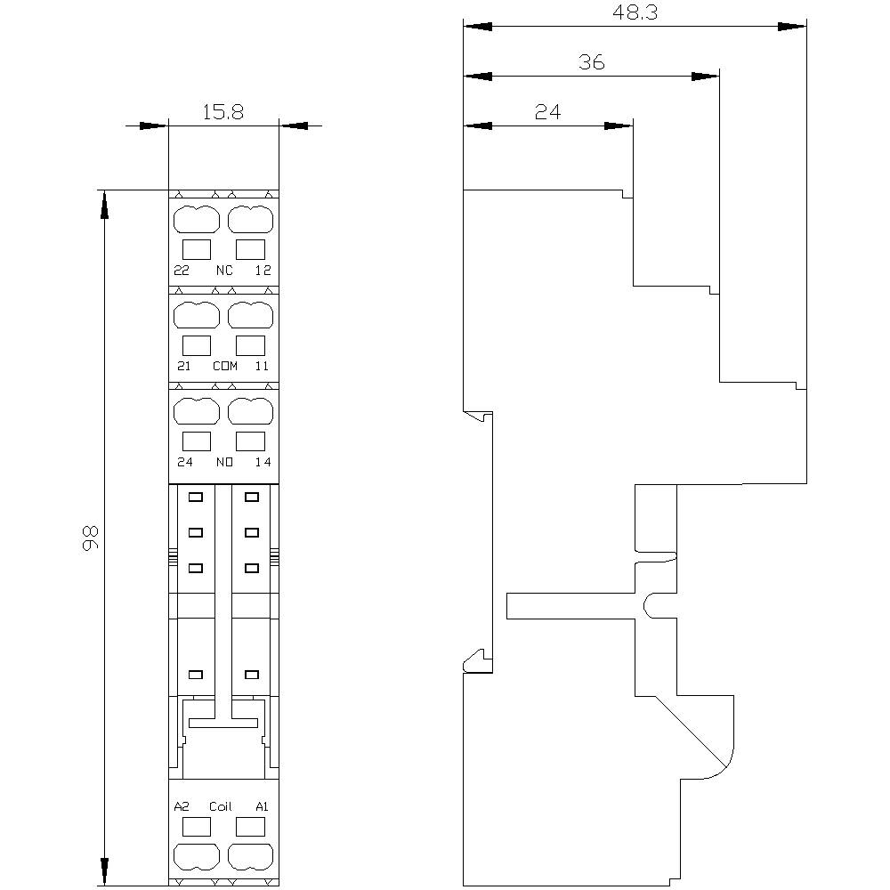 Rysunek techniczny przekaźnika elektrycznego, przedstawiający widok z przodu i z boku z wymiarami w milimetrach: wysokość 98 mm, szerokość 15,8 mm.
