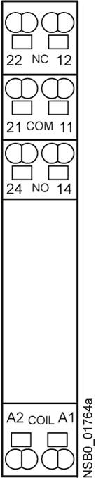 Schemat elektrycznego przełącznika z zaciskami. Góra: 22 NC 12, 21 COM 11, 24 NO 14. Dół: A2 CEWKA A1.