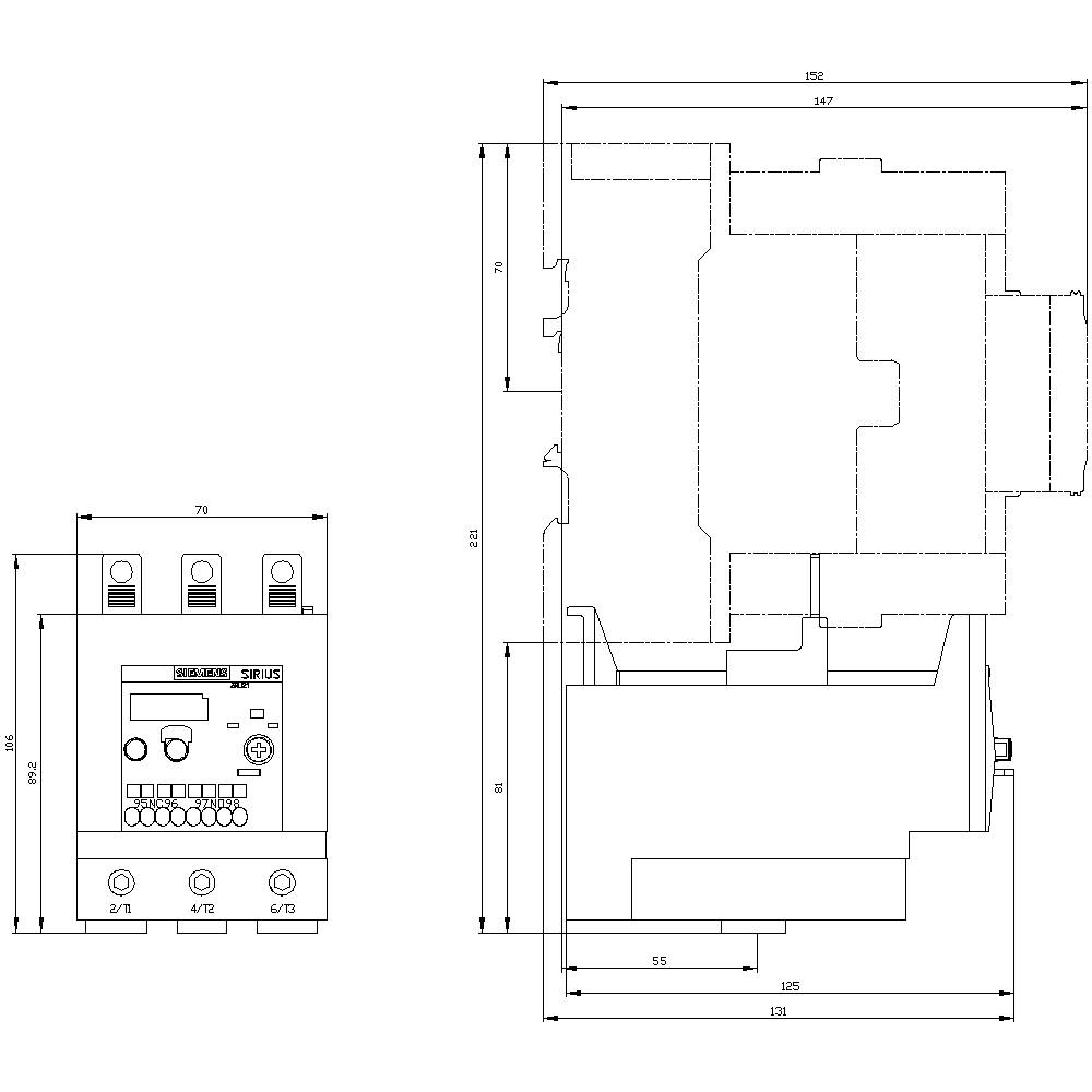Rysunek techniczny komponentu elektrycznego z wymiarami: wysokość 135 mm, szerokość 107 mm, głębokość 125 mm. Włączając przełączniki i złącza.