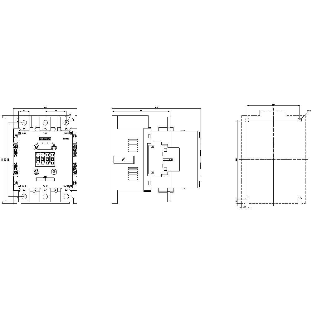 Rysunek techniczny elektrycznego przekaźnika w trzech rzutach: widok z przodu, widok z boku i widok z góry, z oznaczeniami wymiarów.