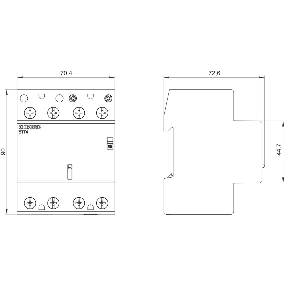 Rysunek techniczny urządzenia elektrycznego z wymiarami: wysokość 90 mm, szerokość 70,4 mm do 72,6 mm, głębokość 44,7 mm. Oznaczone jako Siemens ST14.
