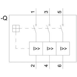 Schemat elektrycznego obwodu z trzema przełącznikami połączonymi równolegle, oznaczonymi numerami od 1 do 6.