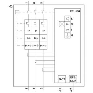 Rysunek techniczny przekaźnika zabezpieczającego z oznaczeniami: 'ETU560', 'L', 'S', 'I', 'G', przedstawiający obwody elektryczne i różne symbole elektryczne.