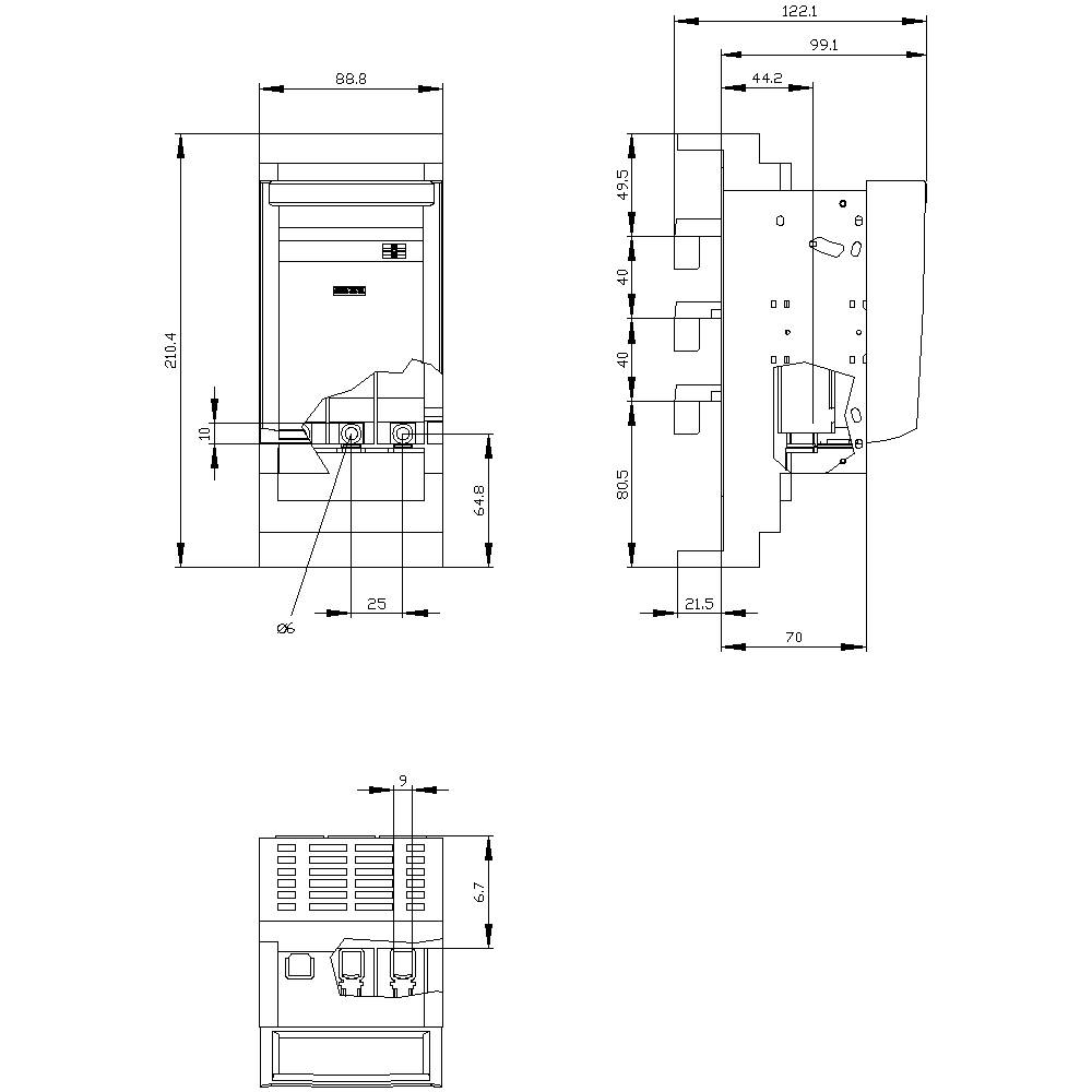 Rysunek techniczny urządzenia elektrycznego z wymiarami podanymi w milimetrach. Przedstawia widok z przodu, z boku oraz z góry urządzenia.
