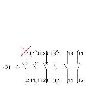 Schemat elektryczny systemu trójfazowego z zaznaczoną usterką na L1. Komponenty: L1, L2, L3, N, T1, T2, T3, połączone liniami.