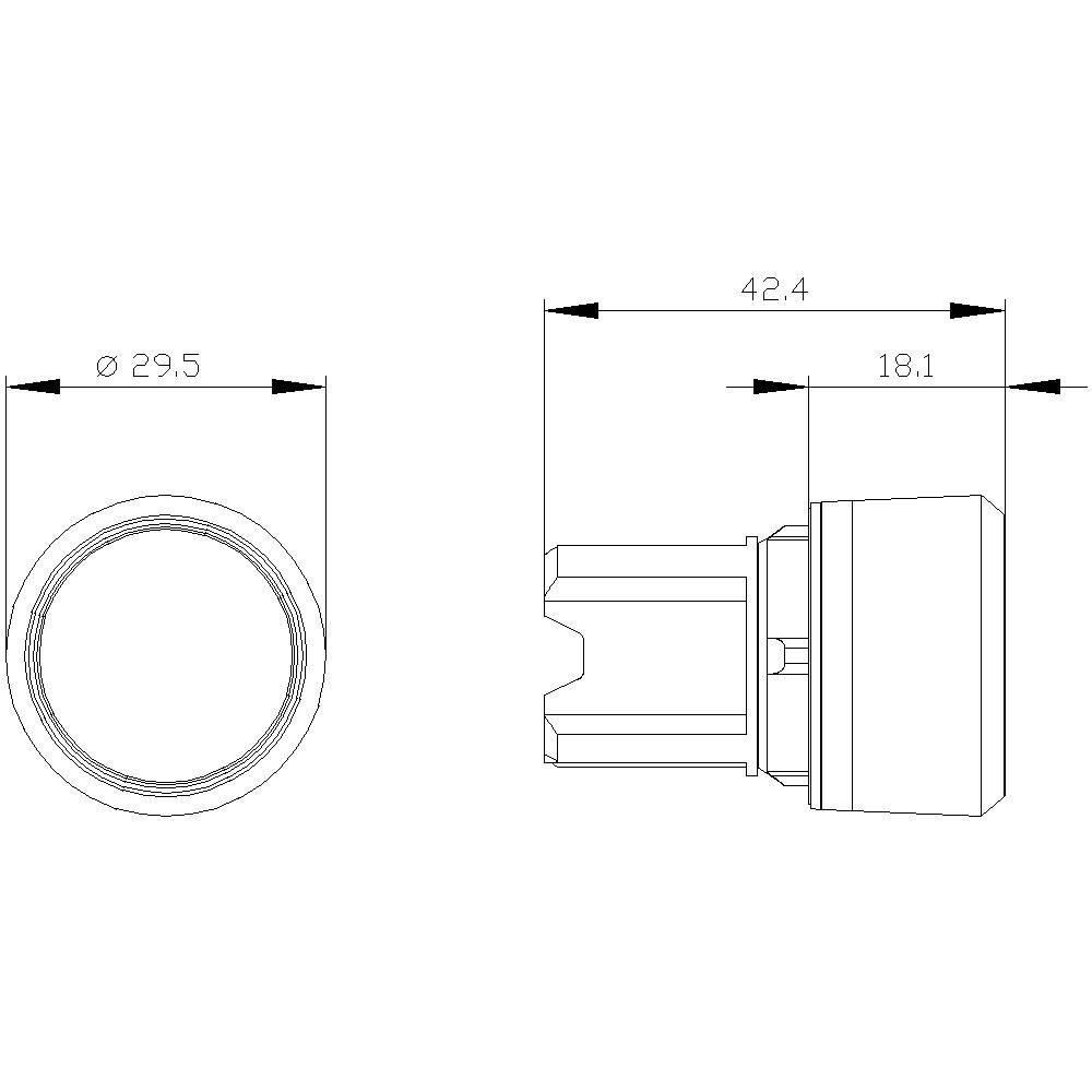 Rysunek techniczny cylindrycznego obiektu. W widoku z profilu z wymiarami: średnica 29,5 mm, długość 42,4 mm, odcinek 18,1 mm.