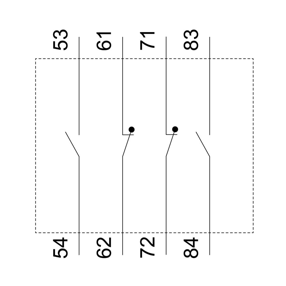 Elektryczna tablica rozdzielcza pokazuje cztery rzędy ponumerowanych połączeń kablowych: 53-54, 61-62, 71-72 oraz 83-84.