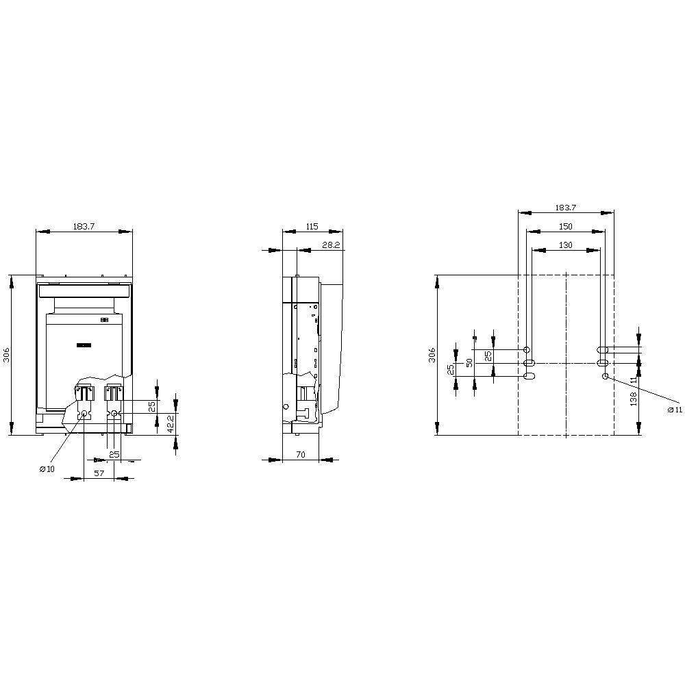 Rysunek techniczny urządzenia z trzema widokami: widok z przodu, widok z boku oraz widok tylny w formie schematu szkieletowego, z dokładnymi wymiarami podanymi w milimetrach.