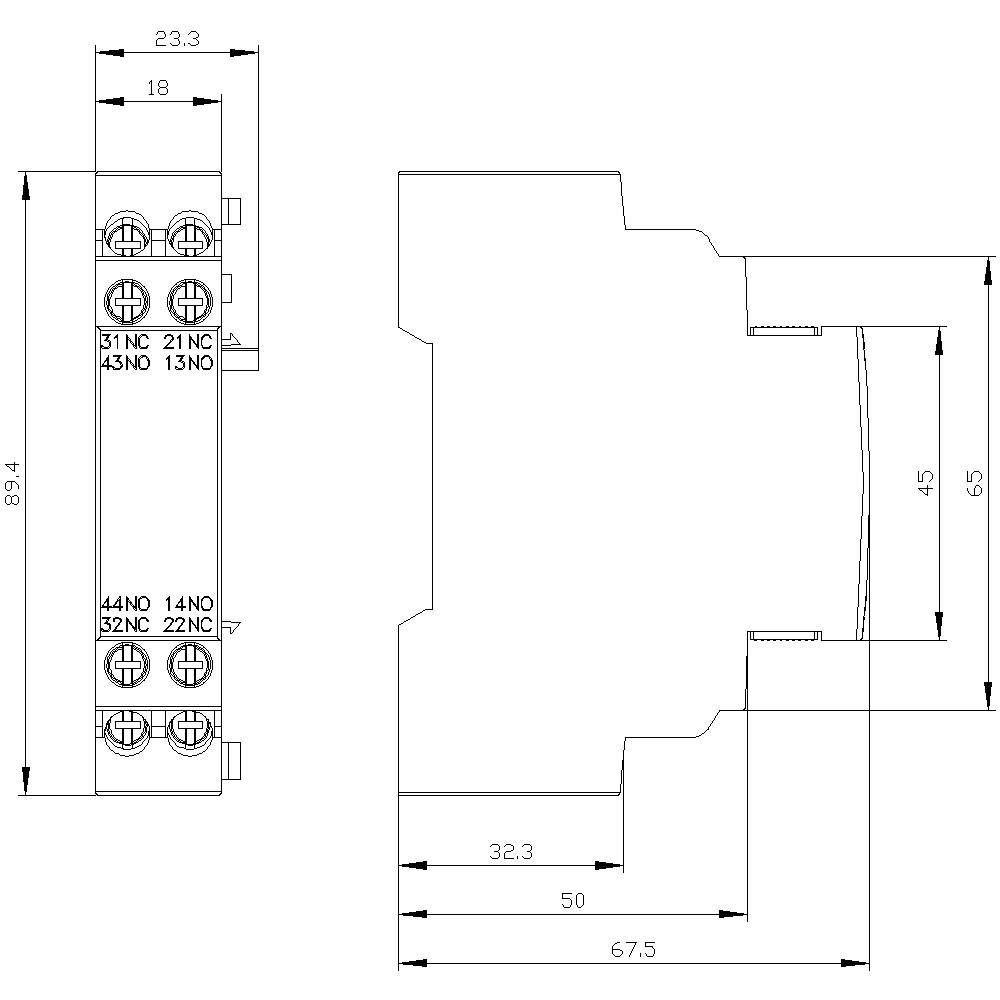 Rysunek techniczny elementu elektronicznego z wymiarami. Widok z przodu przedstawia złącza, widok z boku ukazuje głębokość. Wymiary zostały podane.