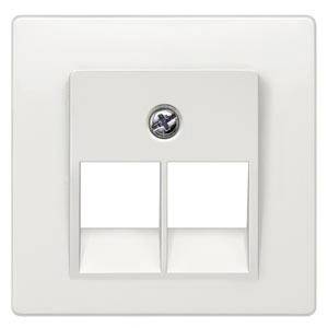Podwójne gniazdo sieciowe z dwoma pustymi slotami i centralną śrubą do montażu naściennego, osadzone w prostej białej ramce.