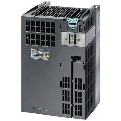 Czarny elektroniczny sprzęt z otworami wentylacyjnymi, gniazdami przyłączeniowymi i ostrzeżeniami, prawdopodobnie falownik.
