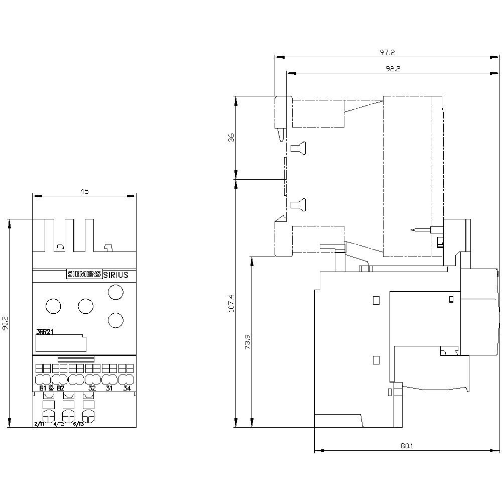 Rysunek przedstawia techniczną ilustrację urządzenia elektronicznego o wymiarach: 97,8 mm x 92 mm. Składa się z dwóch widoków.