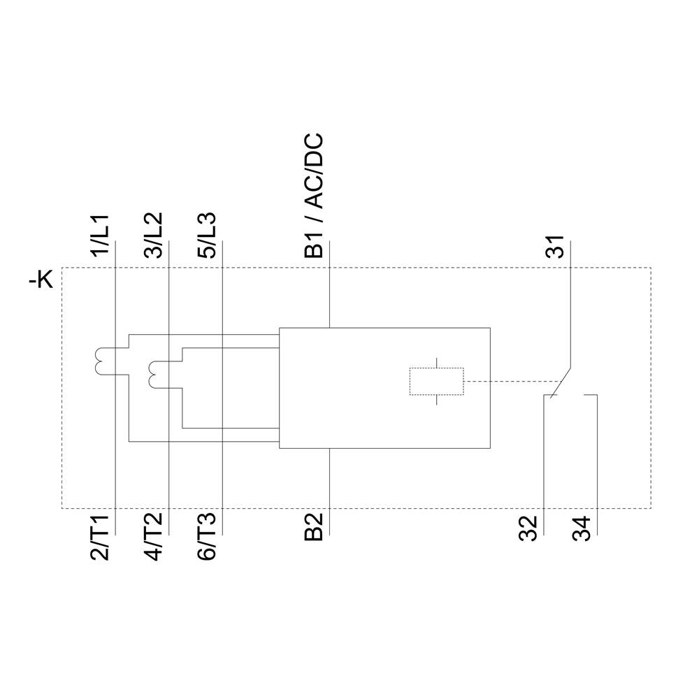 Schemat elektryczny urządzenia z oznaczonymi zaciskami: 1/L1, 3/L2, 5/L3, 2/T1, 4/T2, 6/T3, B1 AC/DC, B2.
