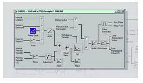 Ekran sterujący systemu sterowania procesem z diagramami i symbolami przedstawiającymi parametry i wartości regulacji.