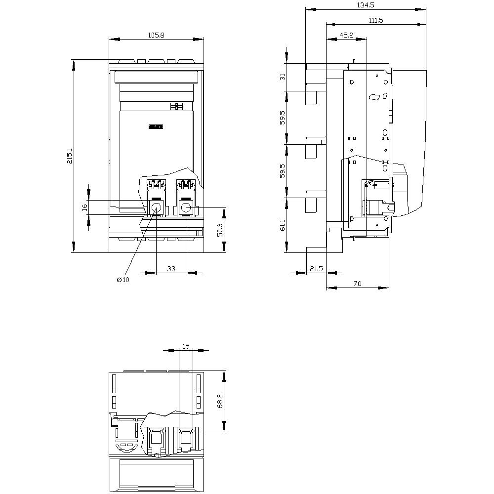 Rysunek techniczny urządzenia elektrycznego z widokami z przodu, góry i boku. Wymiary podane są w milimetrach.