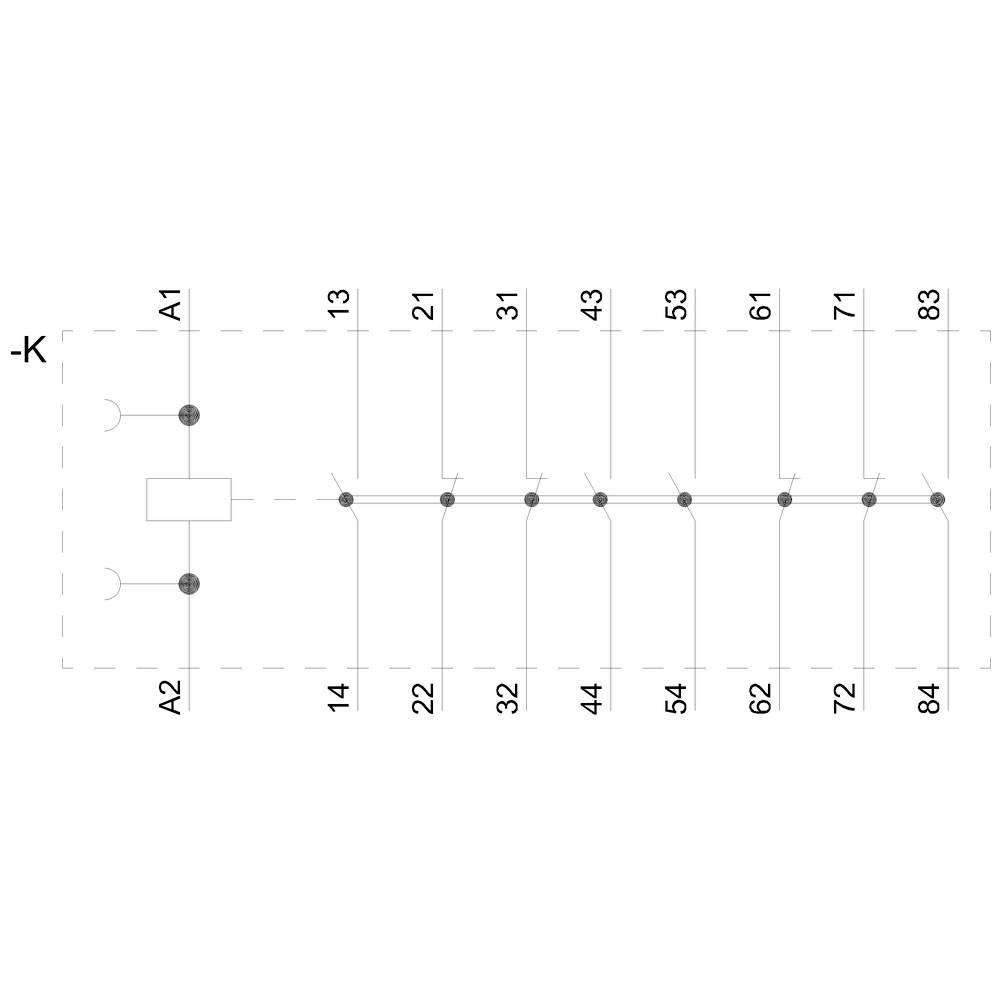 Schematyczny rysunek obwodu elektrycznego z wieloma zaciskami, ponumerowanymi od 13 do 84, oraz przełącznikiem w pozycji K.