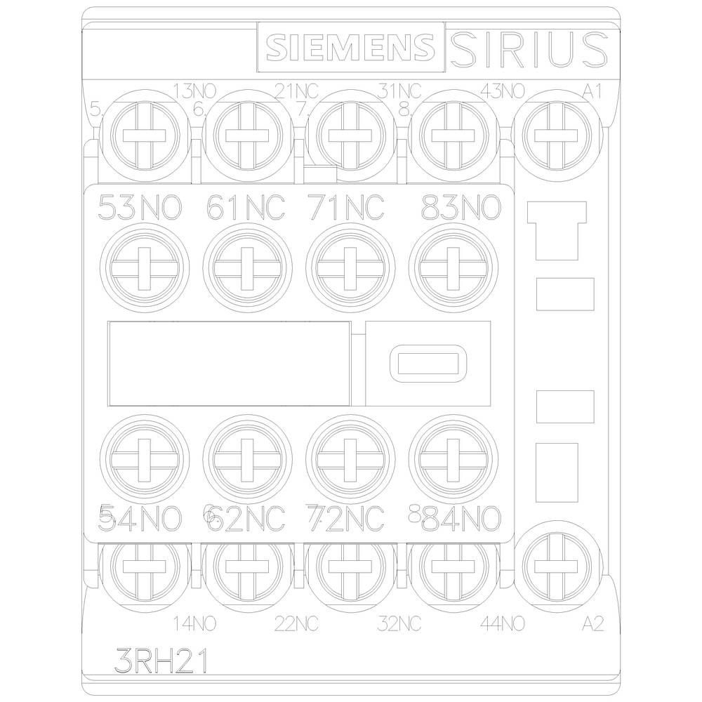 Elektryczne urządzenie łączeniowe firmy Siemens, model 'Sirius', z wieloma zaciskami przyłączeniowymi i oznaczeniami takimi jak '3RH21' do zastosowań przemysłowych.