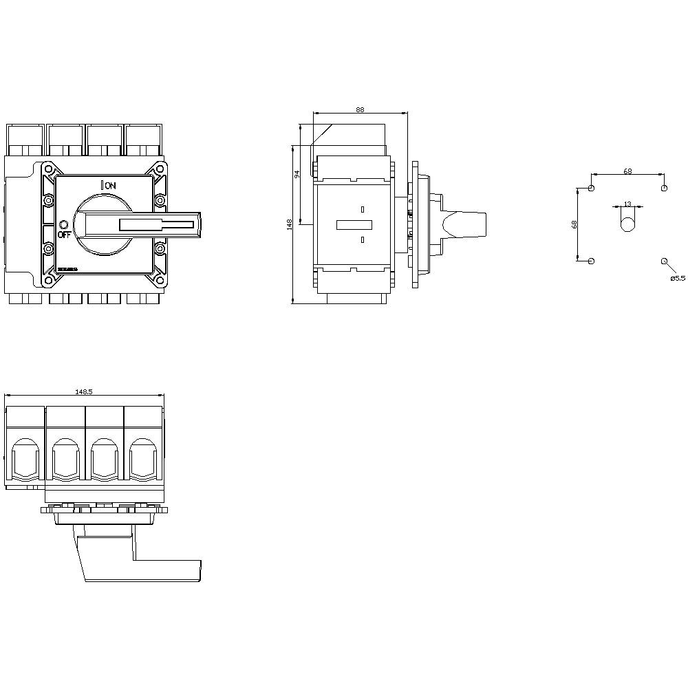 Rysunek techniczny przełącznika ze szczegółowymi wymiarami w milimetrach. Przedstawia widok z przodu, z boku oraz z góry przełącznika.