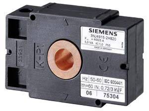 Czarny elektryczny element z miedzianym otworem i logo Siemensa. Etykieta przedstawia specyfikacje techniczne.