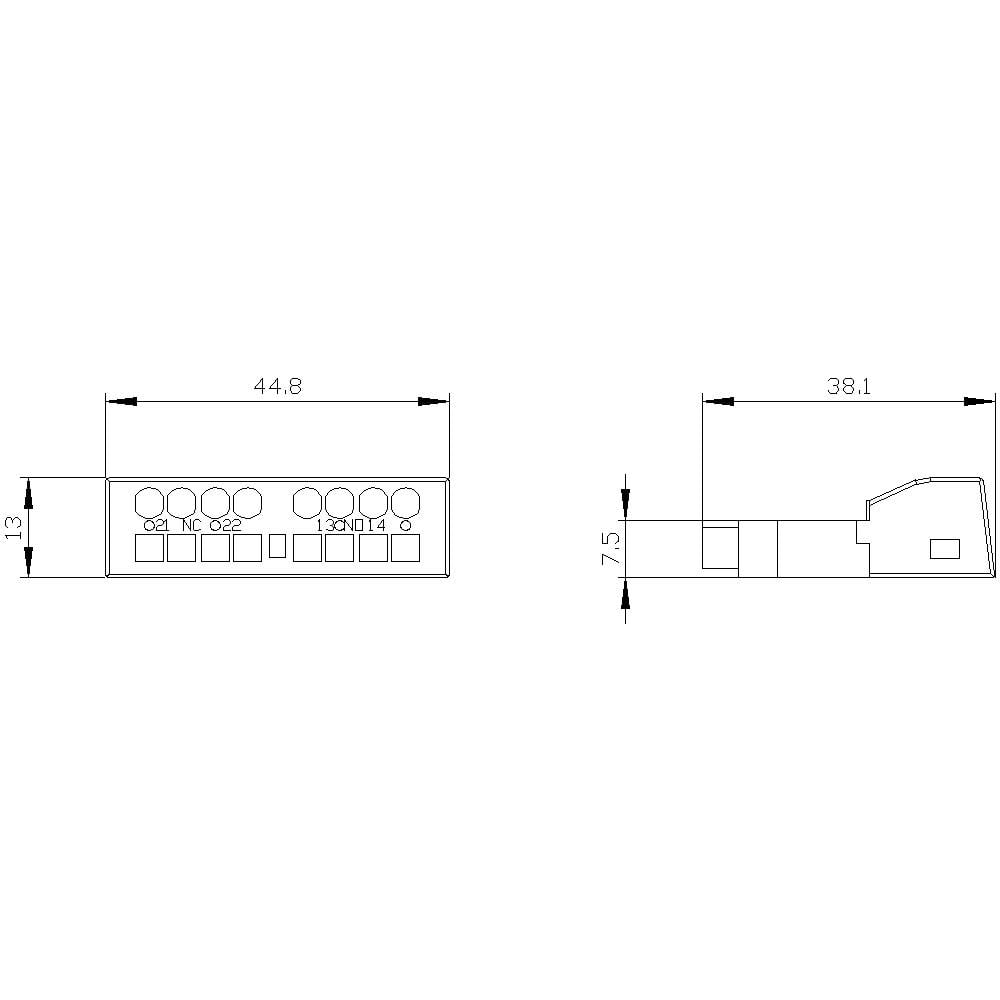 Diagram złącza elektrycznego. Przedstawia widok z przodu i z boku z wymiarami: 44,8 x 13 mm z przodu, 38,1 x 7,5 mm z boku.