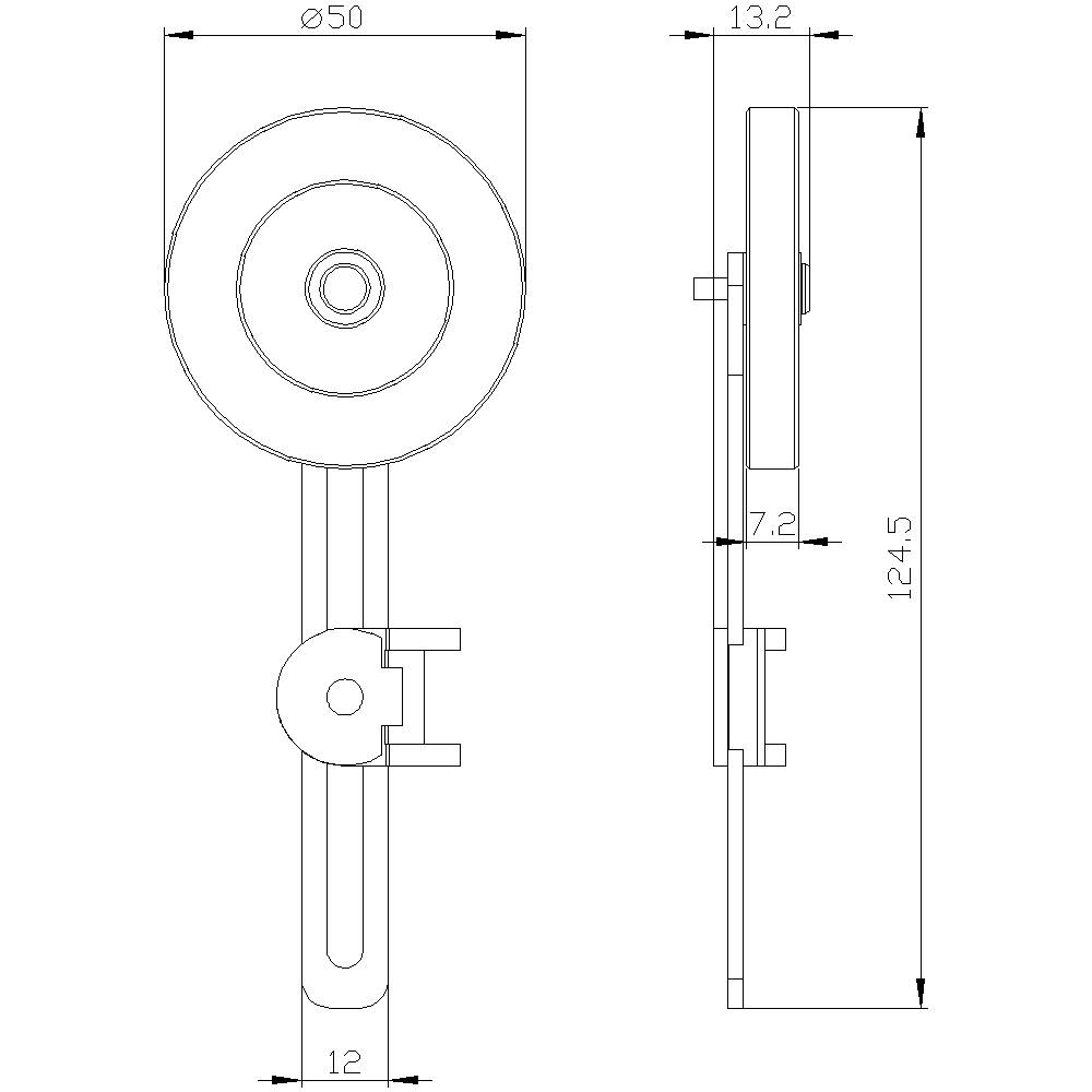 Rysunek techniczny elementu mechanicznego z widokiem z przodu i z boku. Wymiary podane są w milimetrach: średnica 50, wysokość 124,5.