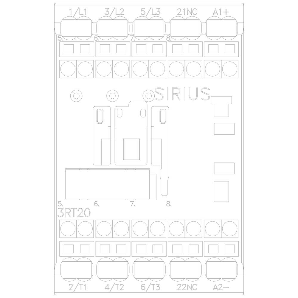 Rysunek techniczny elementu elektrycznego z zaciskami: 1/L1, 3/L2, 5/L3, 21NC, A1+, 2/T1, 4/T2, 6/T3, 22NC, A2-. Główny element na środku.