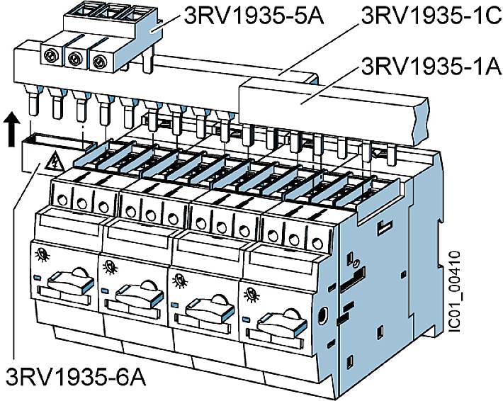 Schemat elektryczny urządzenia z oznaczeniami: '3RV1935-5A', '3RV1935-1C', '3RV1935-1A', '3RV1935-6A'. Zawiera dźwignie i złącza.