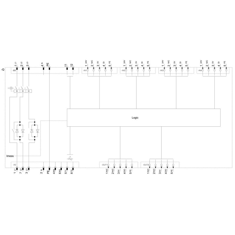 Schemat połączeń systemu logiki cyfrowej z wejściami, blokiem logicznym i wyjściami, przedstawiający ścieżki połączeń i obwody.